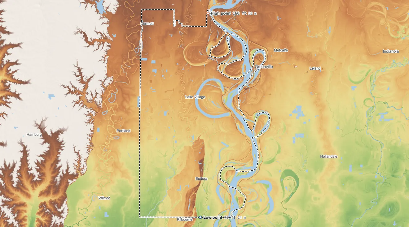 Topographic elevation map of Chicot County, Arkansas, shaded from 79 ft on the south side to 160 ft on the north side