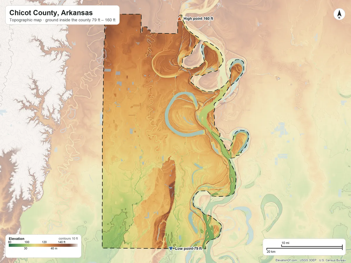 Topographic elevation map of Chicot County, Arkansas, shaded from 79 ft on the south side to 160 ft on the north side