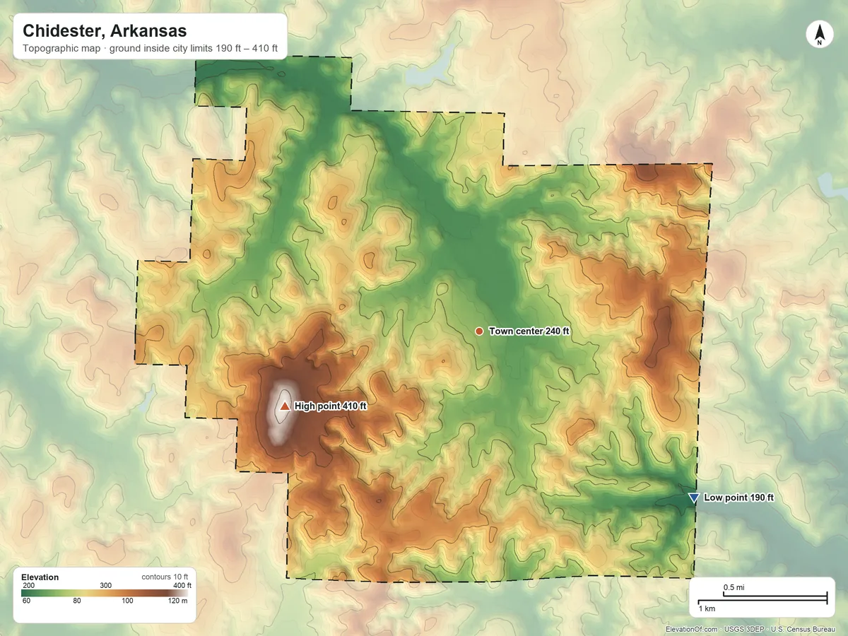 Topographic elevation map of Chidester, Arkansas, shaded from 190 ft on the southeast side to 410 ft on the west side