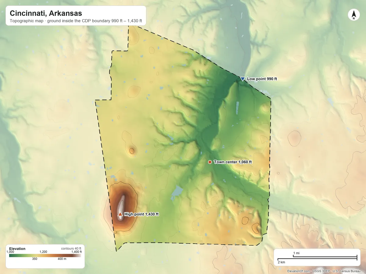 Topographic elevation map of Cincinnati, Arkansas, shaded from 990 ft on the north side to 1,430 ft on Bates Mountain
