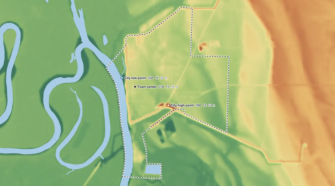 Topographic elevation map of Clarendon, Arkansas, shaded from 160 ft near the middle to 200 ft on the southeast side