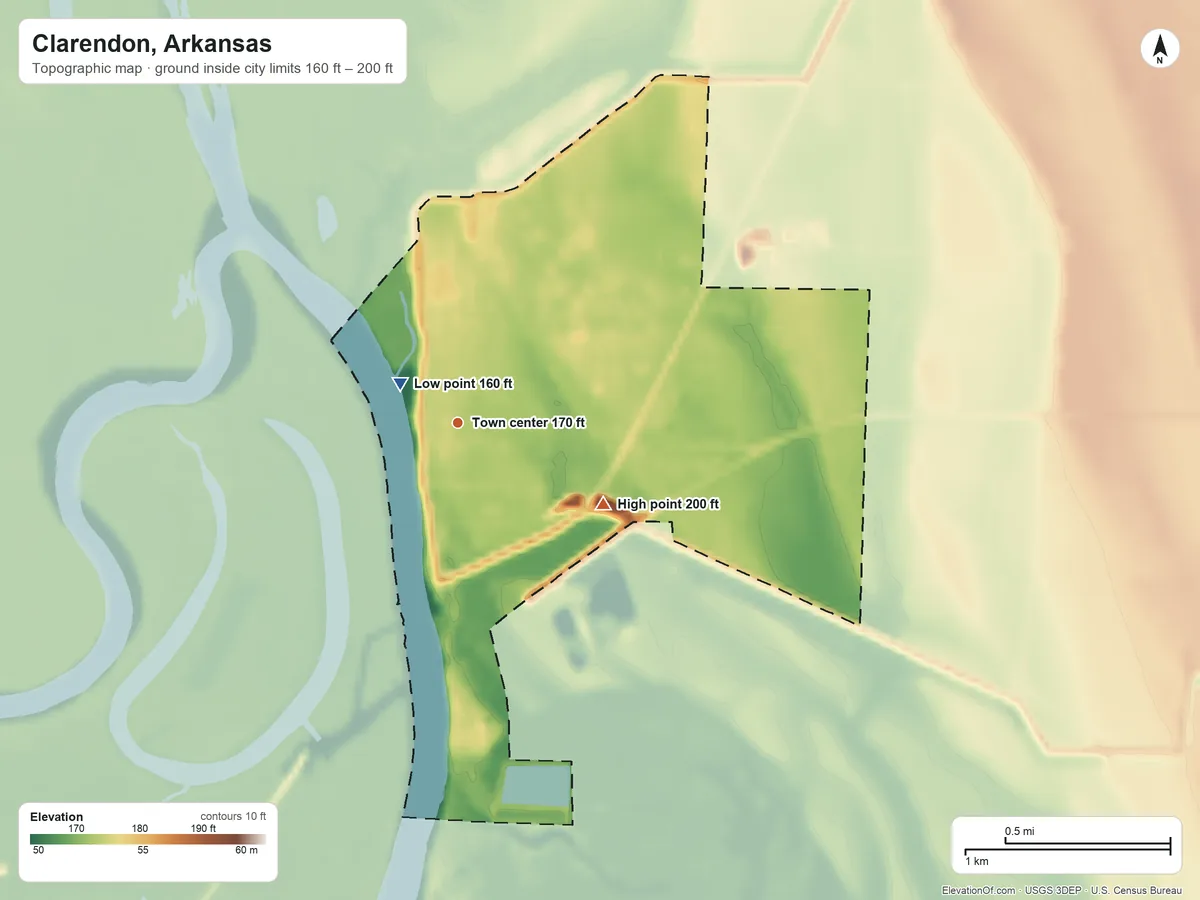 Topographic elevation map of Clarendon, Arkansas, shaded from 160 ft near the middle to 200 ft on the southeast side