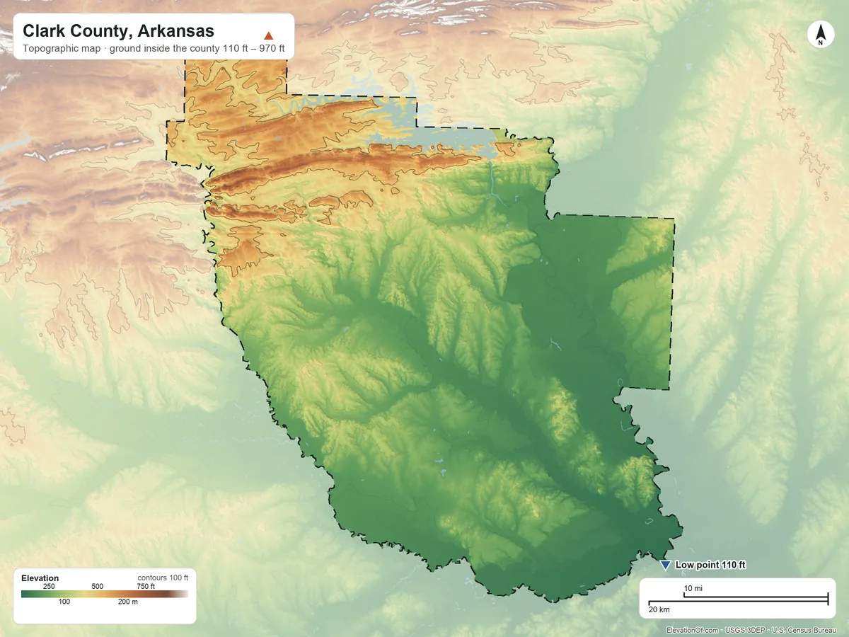 Topographic elevation map of Clark County, Arkansas, shaded from 110 ft on the southeast side to 970 ft on the northwest side