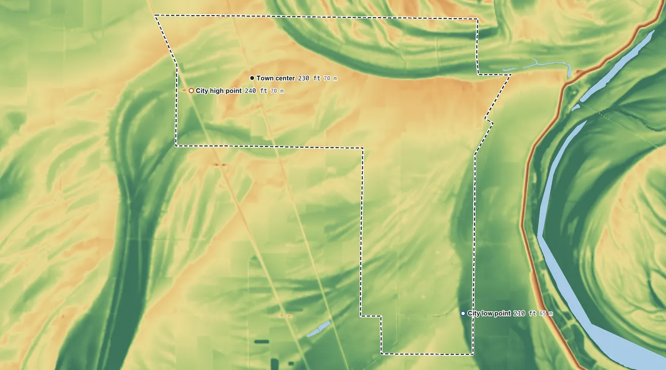 Topographic elevation map of Clarkedale, Arkansas, shaded from 210 ft on the southeast side to 240 ft on the west side