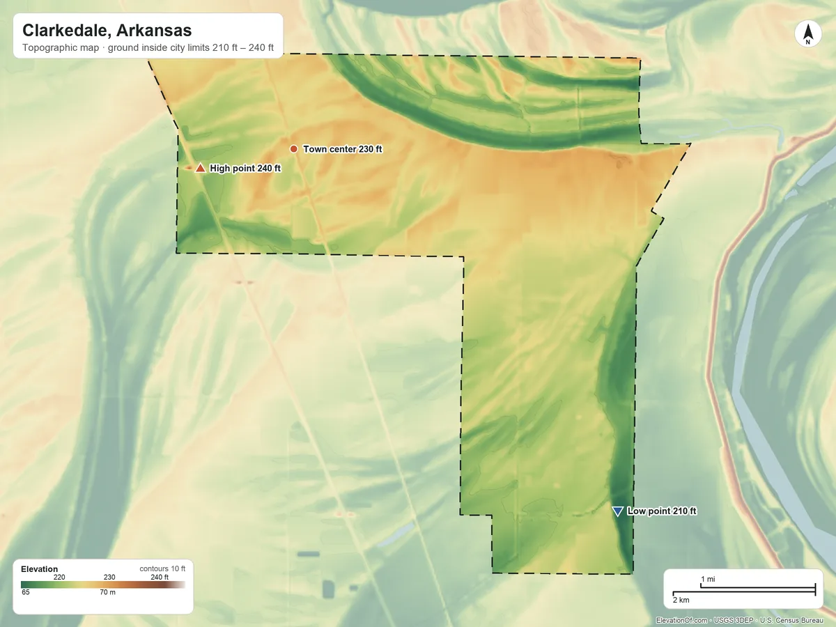 Topographic elevation map of Clarkedale, Arkansas, shaded from 210 ft on the southeast side to 240 ft on the west side