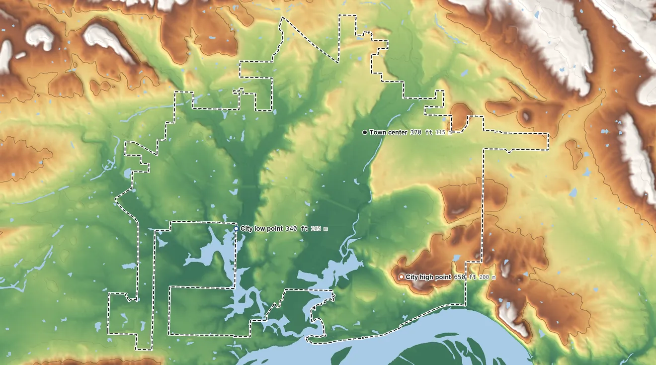 Topographic elevation map of Clarksville, Arkansas, shaded from 340 ft on the southwest side to 650 ft on the south side