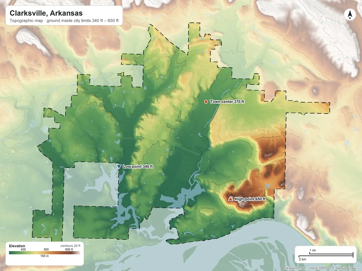 Topographic elevation map of Clarksville, Arkansas, shaded from 340 ft on the southwest side to 650 ft on the south side