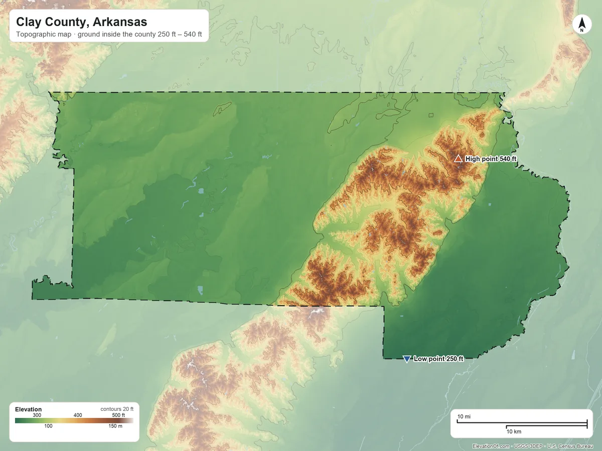 Topographic elevation map of Clay County, Arkansas, shaded from 250 ft on the southeast side to 540 ft on the northeast side