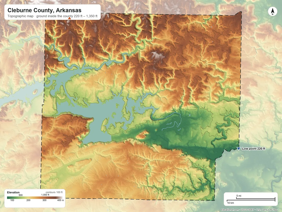 Topographic elevation map of Cleburne County, Arkansas, shaded from 220 ft on the southeast side to 1,350 ft on the northwest side