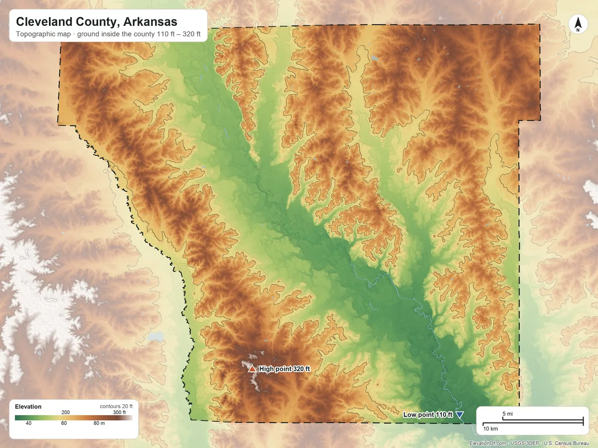 Topographic elevation map of Cleveland County, Arkansas, shaded from 110 ft on the southeast side to 320 ft on the south side