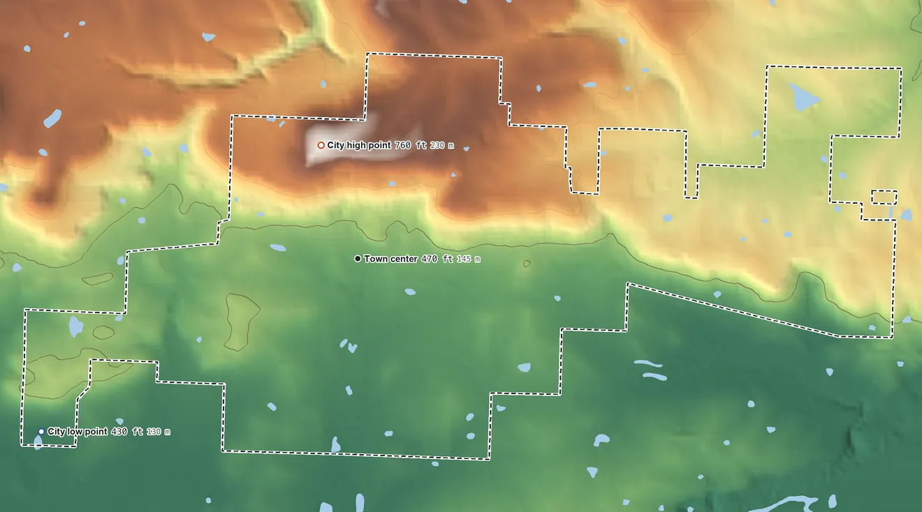 Topographic elevation map of Coal Hill, Arkansas, shaded from 430 ft on the southwest side to 760 ft on the north side