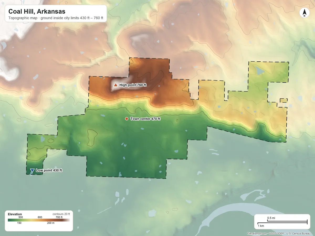 Topographic elevation map of Coal Hill, Arkansas, shaded from 430 ft on the southwest side to 760 ft on the north side