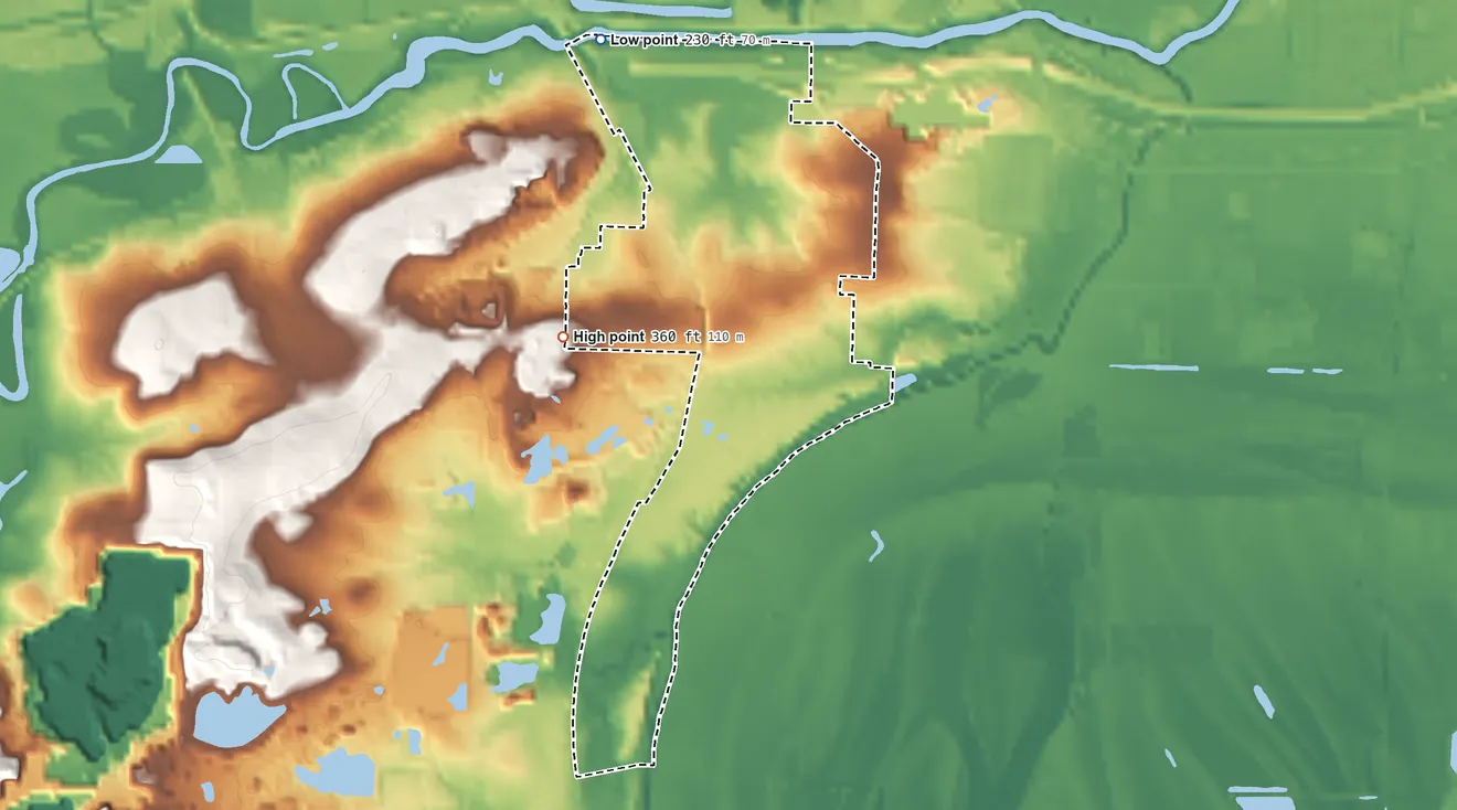Topographic elevation map of College Station, Arkansas, shaded from 230 ft on the northwest side to 360 ft on the west side