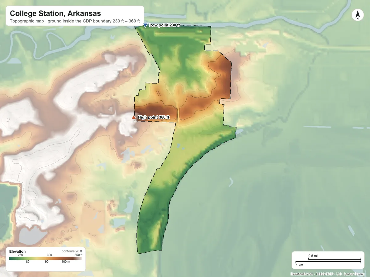 Topographic elevation map of College Station, Arkansas, shaded from 230 ft on the northwest side to 360 ft on the west side