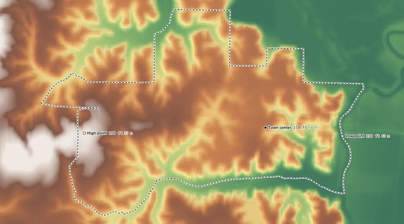 Topographic elevation map of Collins, Arkansas, shaded from 130 ft on the east side to 180 ft on the west side