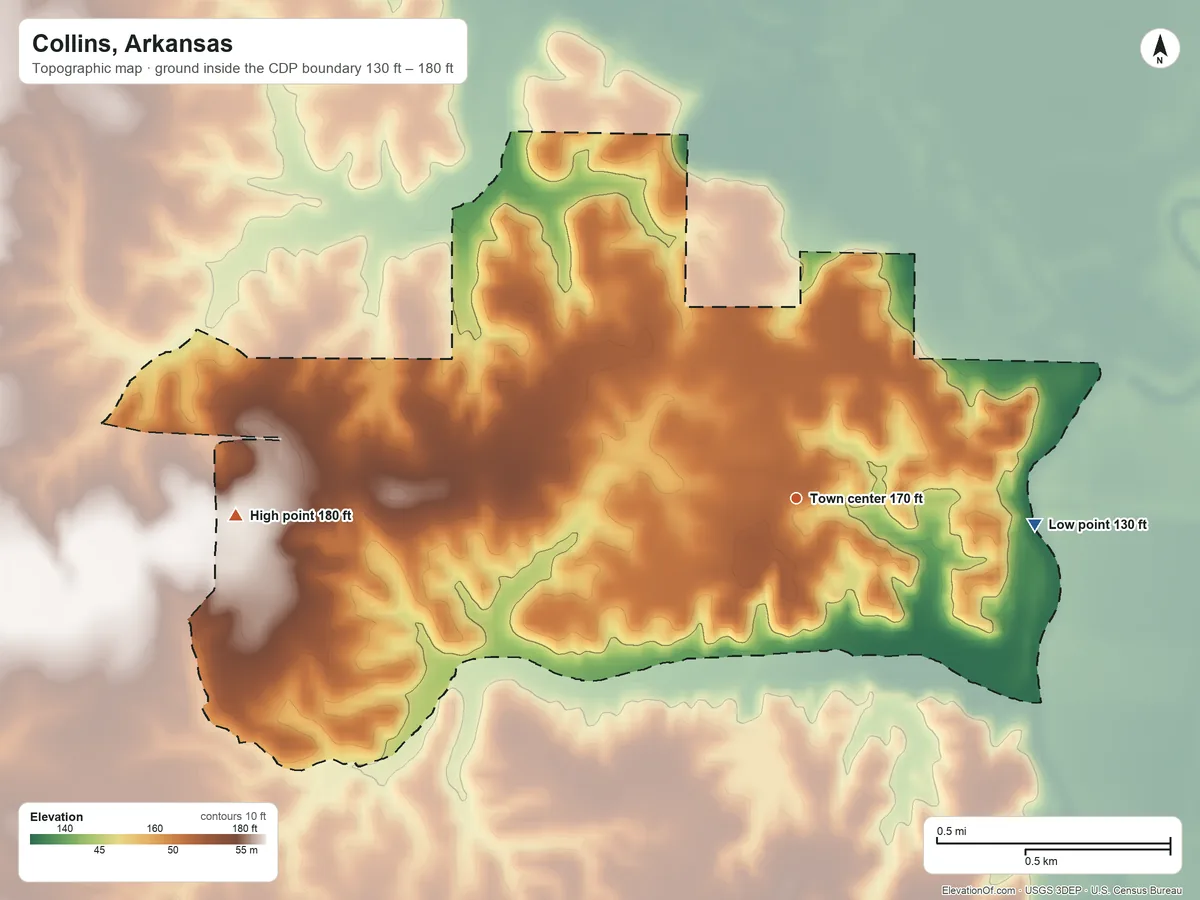 Topographic elevation map of Collins, Arkansas, shaded from 130 ft on the east side to 180 ft on the west side