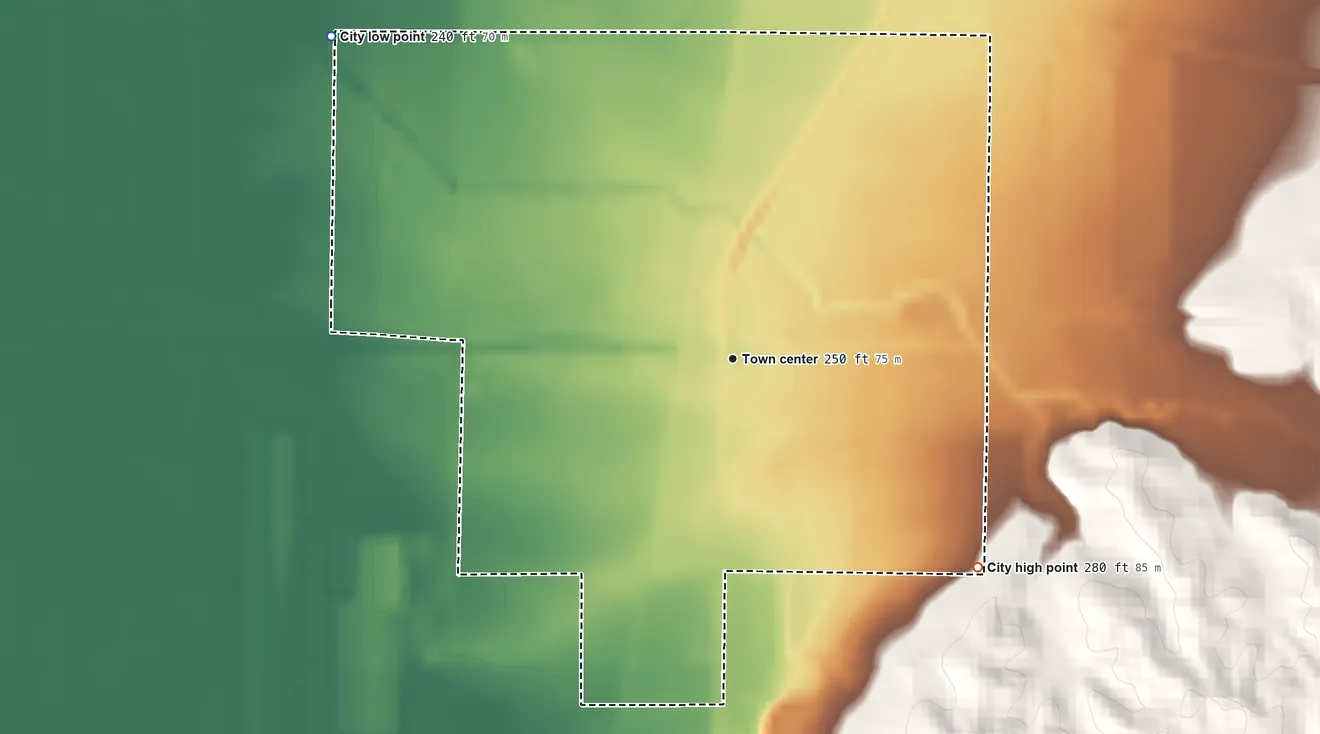 Topographic elevation map of Colt, Arkansas, shaded from 240 ft on the northwest side to 280 ft on the southeast side