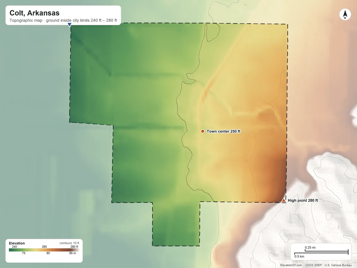 Topographic elevation map of Colt, Arkansas, shaded from 240 ft on the northwest side to 280 ft on the southeast side