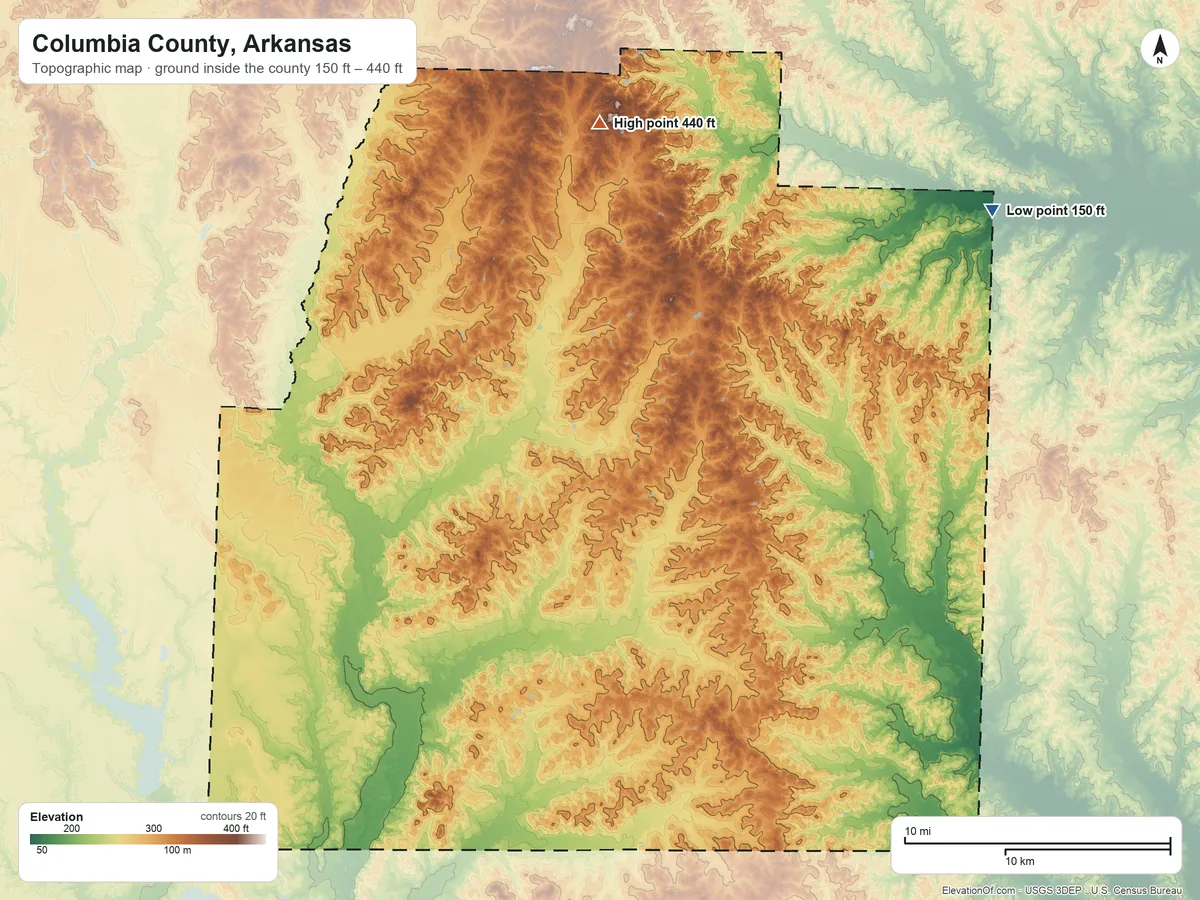 Topographic elevation map of Columbia County, Arkansas, shaded from 150 ft on the northeast side to 440 ft on the north side