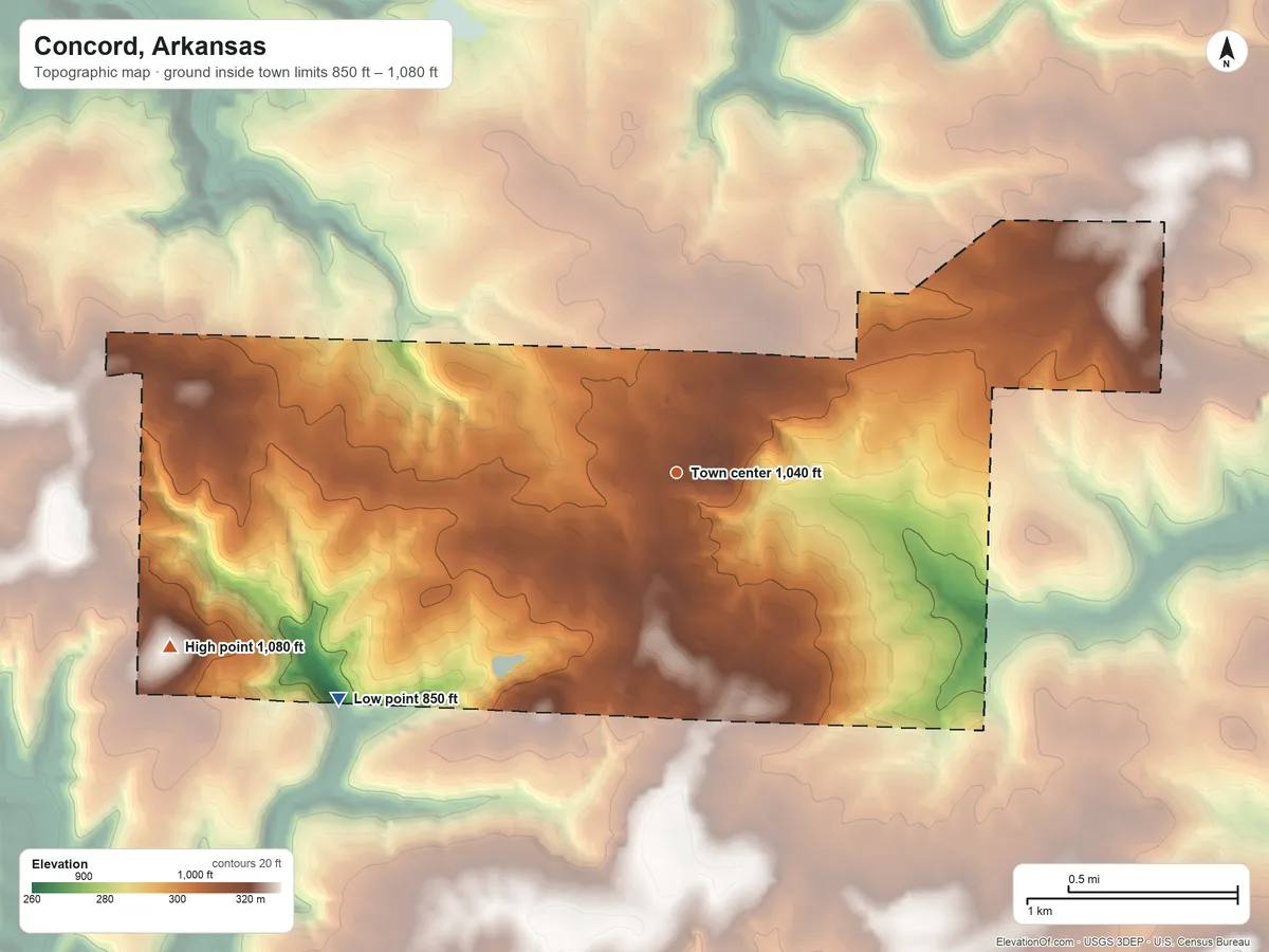 Topographic elevation map of Concord, Arkansas, shaded from 850 ft on the southwest side to 1,080 ft on the west side
