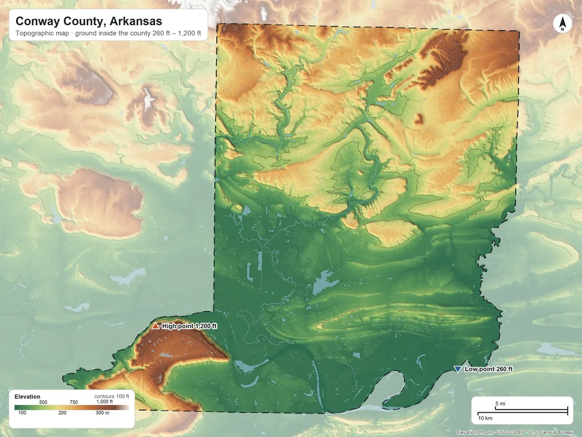 Topographic elevation map of Conway County, Arkansas, shaded from 260 ft on the southeast side to 1,200 ft on the southwest side