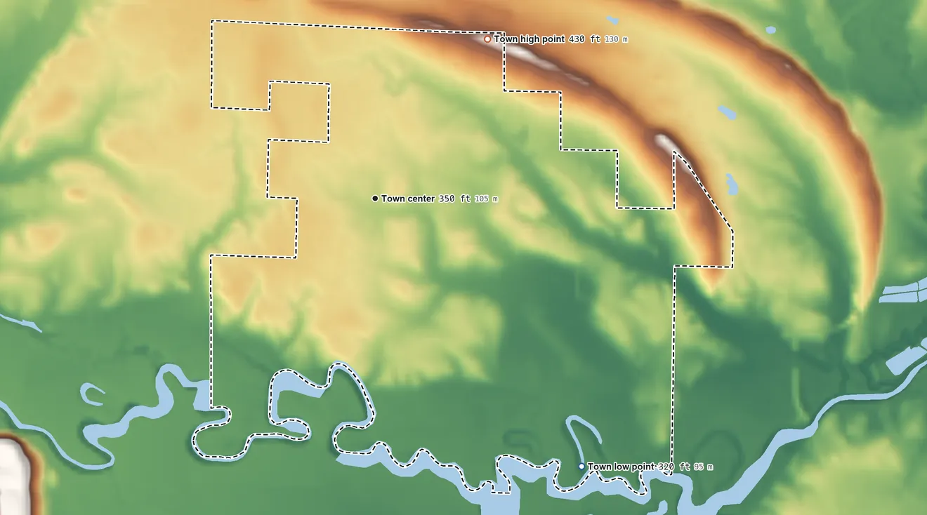 Topographic elevation map of Corinth, Arkansas, shaded from 320 ft on the southeast side to 430 ft on the northeast side