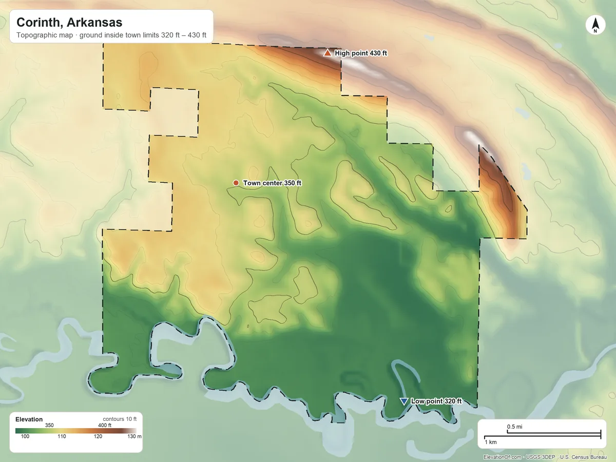 Topographic elevation map of Corinth, Arkansas, shaded from 320 ft on the southeast side to 430 ft on the northeast side
