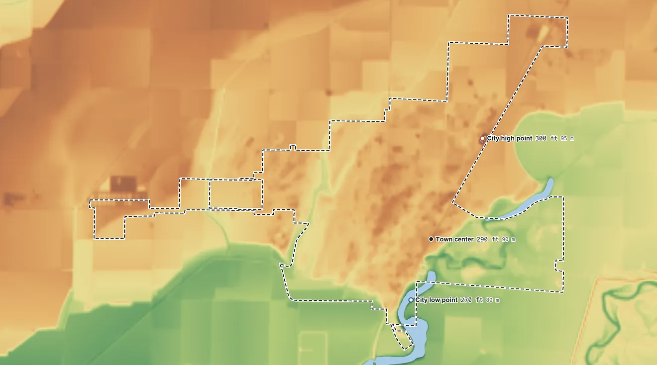 Topographic elevation map of Corning, Arkansas, shaded from 270 ft on the south side to 300 ft on the northeast side
