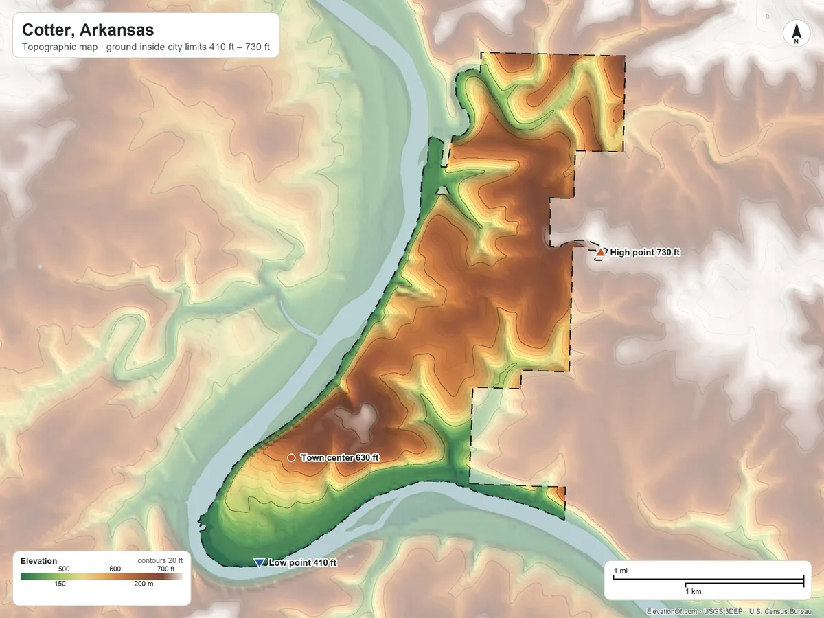 Topographic elevation map of Cotter, Arkansas, shaded from 410 ft on the south side to 730 ft on the northeast side
