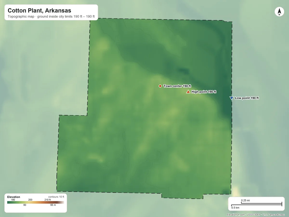 Topographic elevation map of Cotton Plant, Arkansas, shaded from 190 ft on the east side to 190 ft on the east side