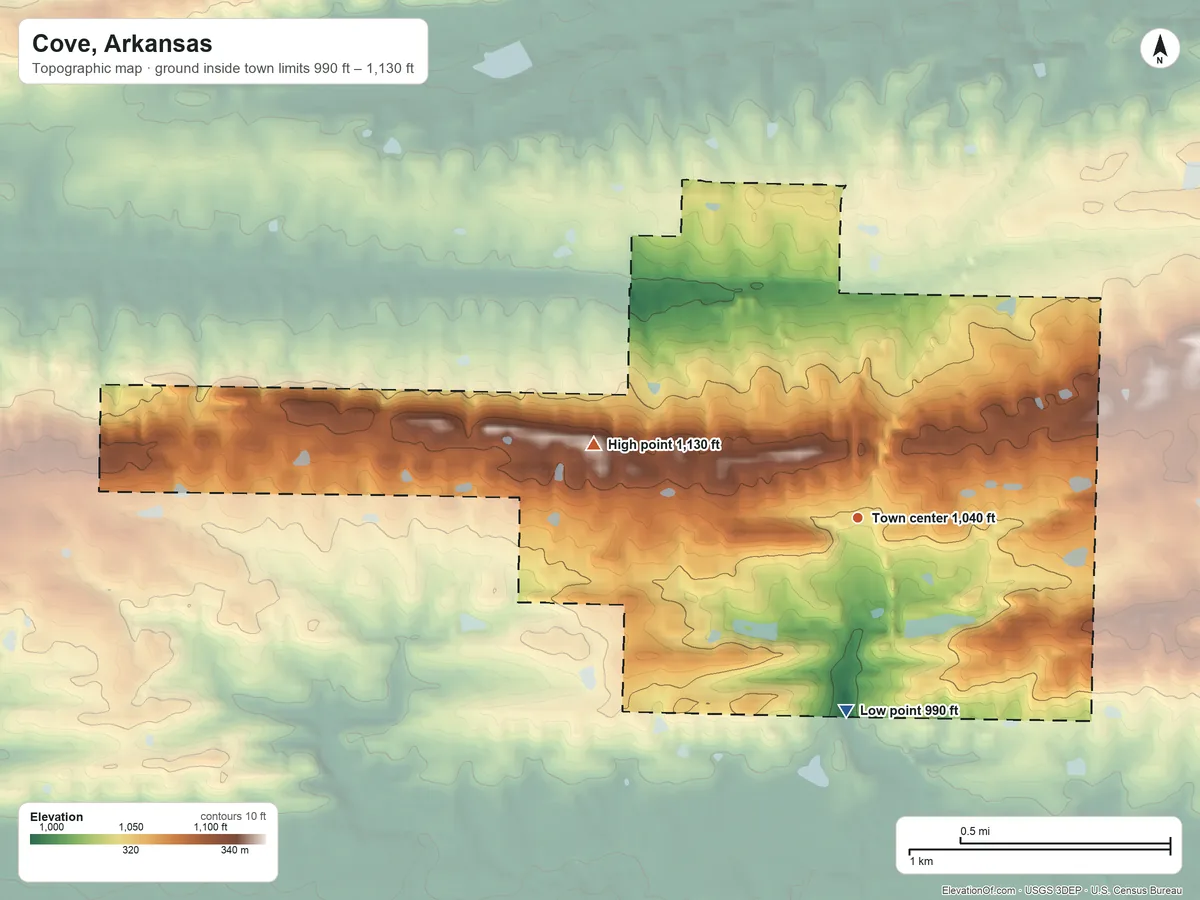 Topographic elevation map of Cove, Arkansas, shaded from 990 ft on the south side to 1,130 ft on the west side