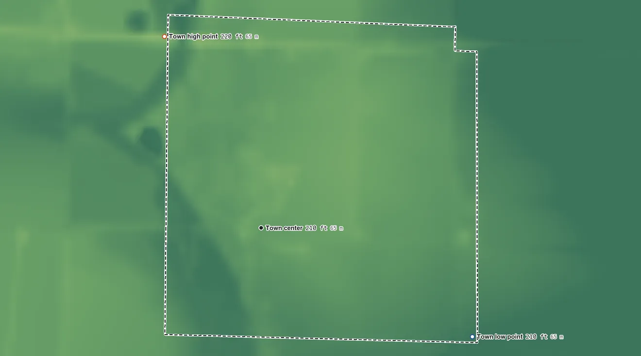 Topographic elevation map of Coy, Arkansas, shaded from 210 ft on the southeast side to 220 ft on the northwest side