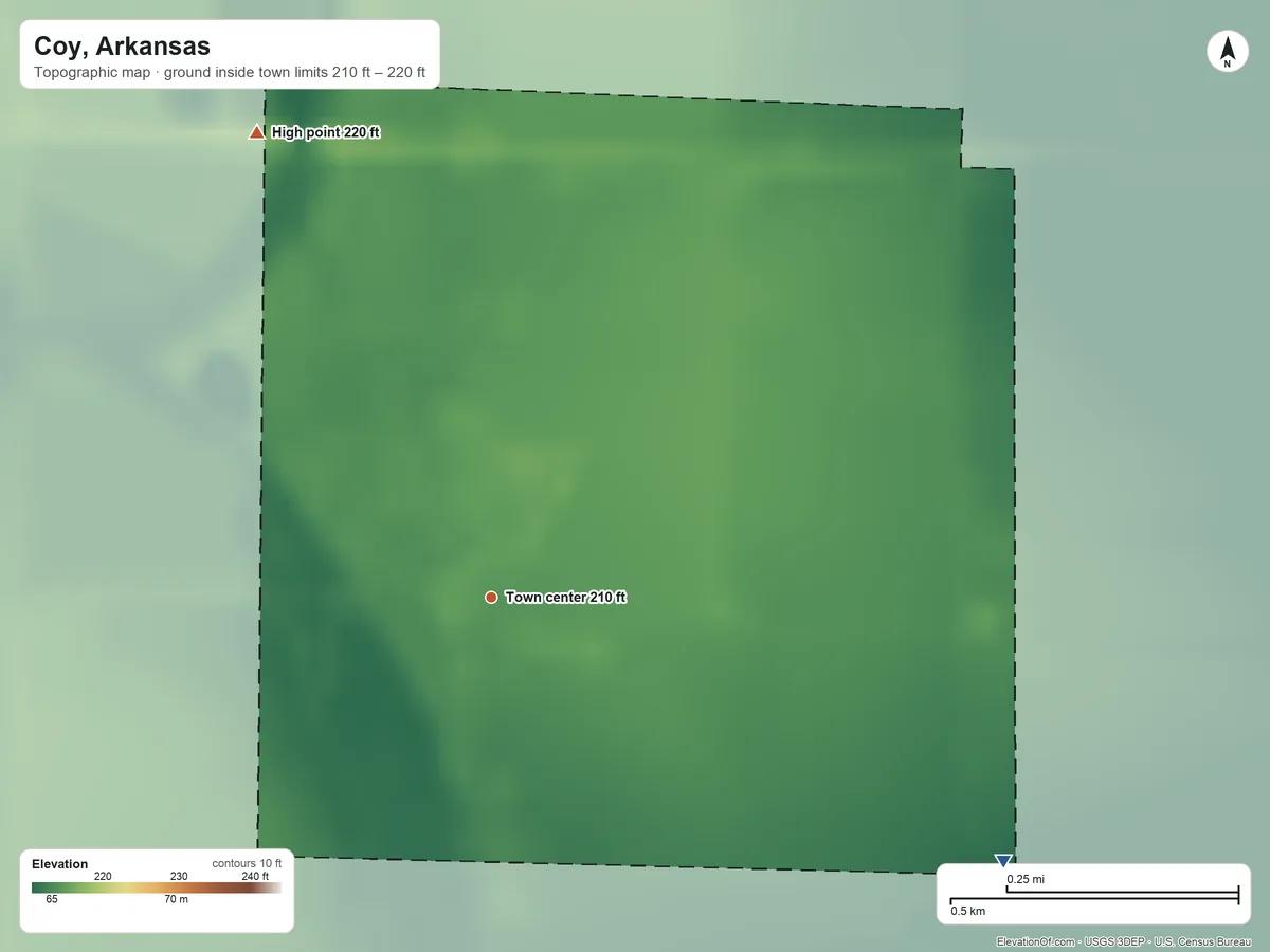 Topographic elevation map of Coy, Arkansas, shaded from 210 ft on the southeast side to 220 ft on the northwest side