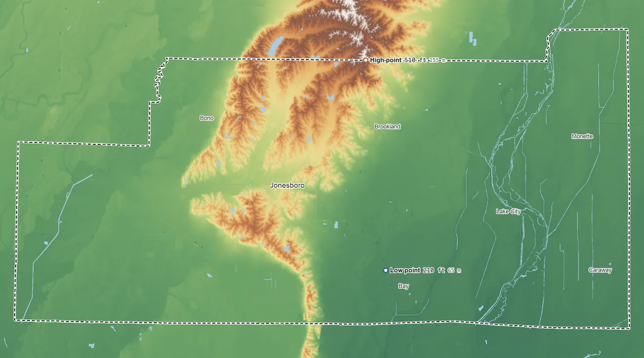 Topographic elevation map of Craighead County, Arkansas, shaded from 210 ft on the southeast side to 510 ft on the north side