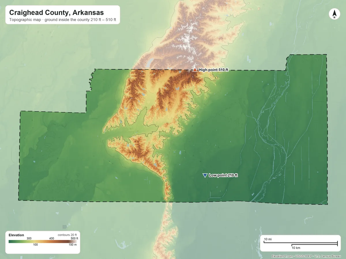 Topographic elevation map of Craighead County, Arkansas, shaded from 210 ft on the southeast side to 510 ft on the north side