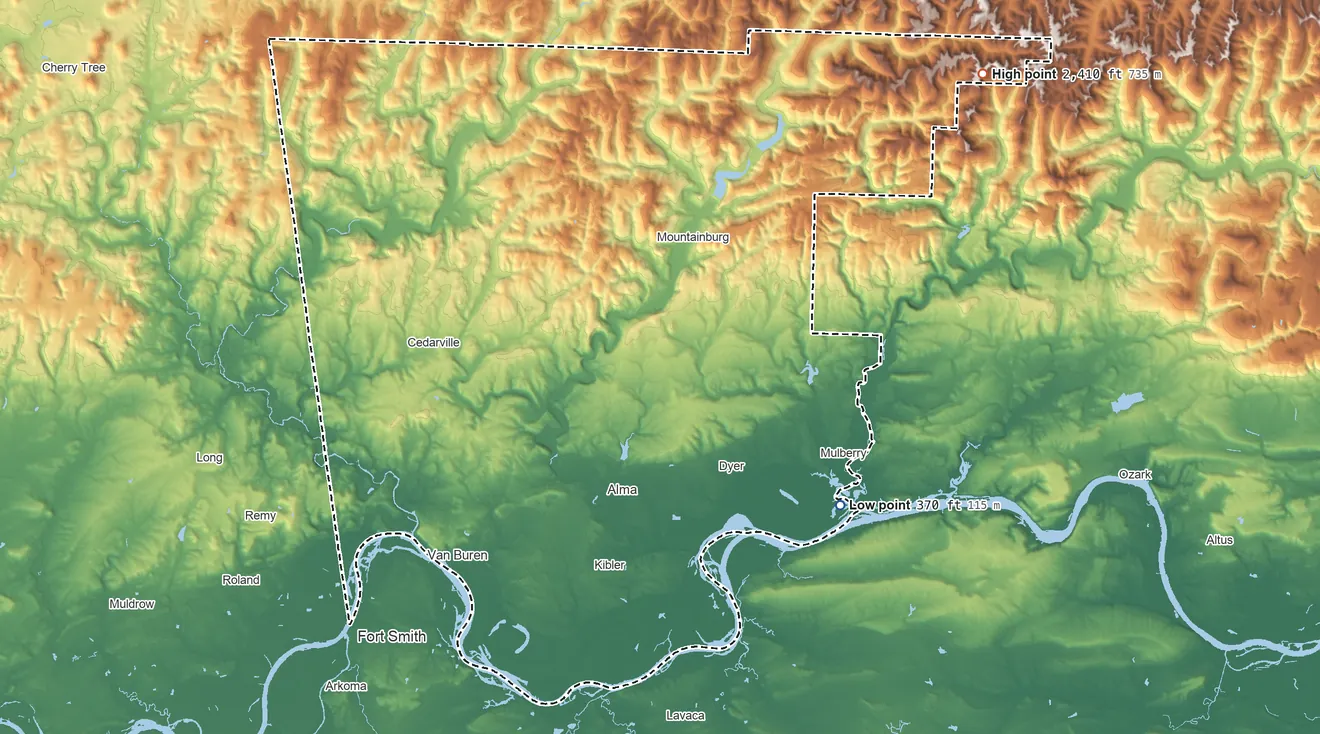 Topographic elevation map of Crawford County, Arkansas, shaded from 370 ft on the southeast side to 2,410 ft on the northeast side