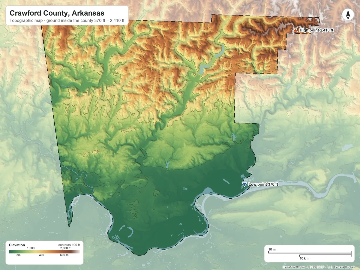 Topographic elevation map of Crawford County, Arkansas, shaded from 370 ft on the southeast side to 2,410 ft on the northeast side