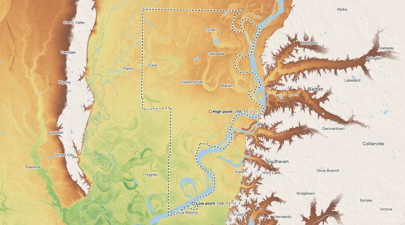 Topographic elevation map of Crittenden County, Arkansas, shaded from 160 ft on the south side to 280 ft near the middle