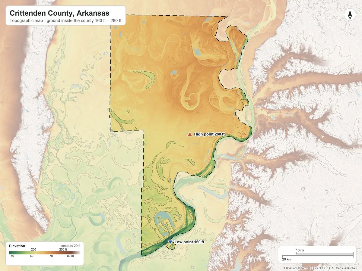 Topographic elevation map of Crittenden County, Arkansas, shaded from 160 ft on the south side to 280 ft near the middle
