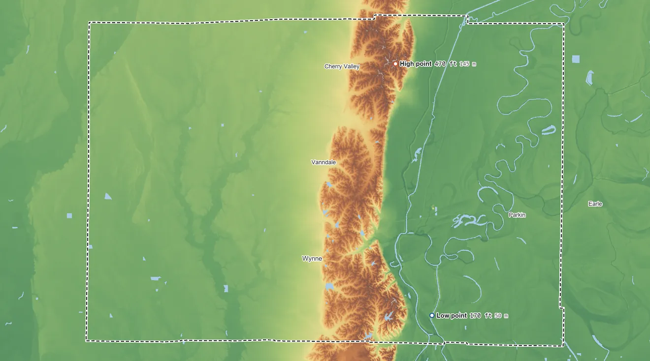 Topographic elevation map of Cross County, Arkansas, shaded from 170 ft on the southeast side to 470 ft on the northeast side