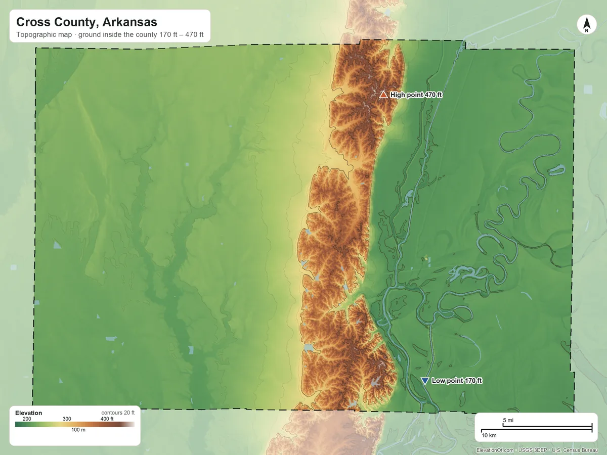 Topographic elevation map of Cross County, Arkansas, shaded from 170 ft on the southeast side to 470 ft on the northeast side