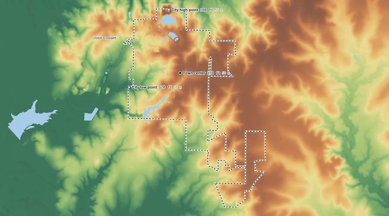 Topographic elevation map of Crossett, Arkansas, shaded from 120 ft on the west side to 180 ft on the north side