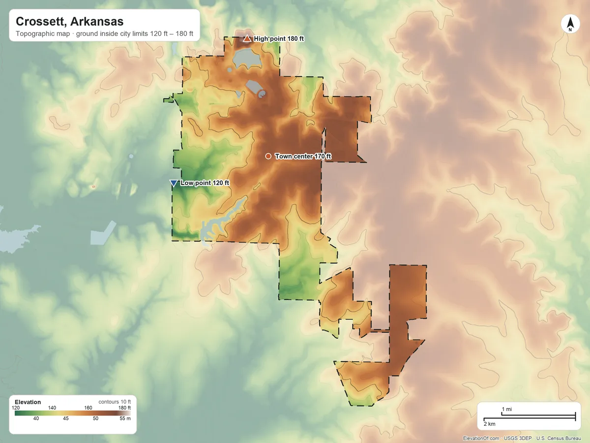 Topographic elevation map of Crossett, Arkansas, shaded from 120 ft on the west side to 180 ft on the north side