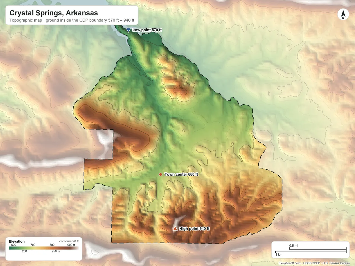 Topographic elevation map of Crystal Springs, Arkansas, shaded from 570 ft on the north side to 940 ft on the south side