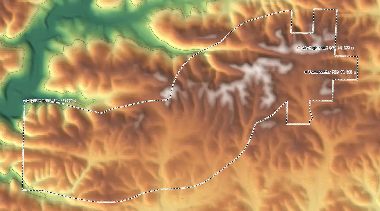 Topographic elevation map of Cushman, Arkansas, shaded from 360 ft on the west side to 840 ft near the middle