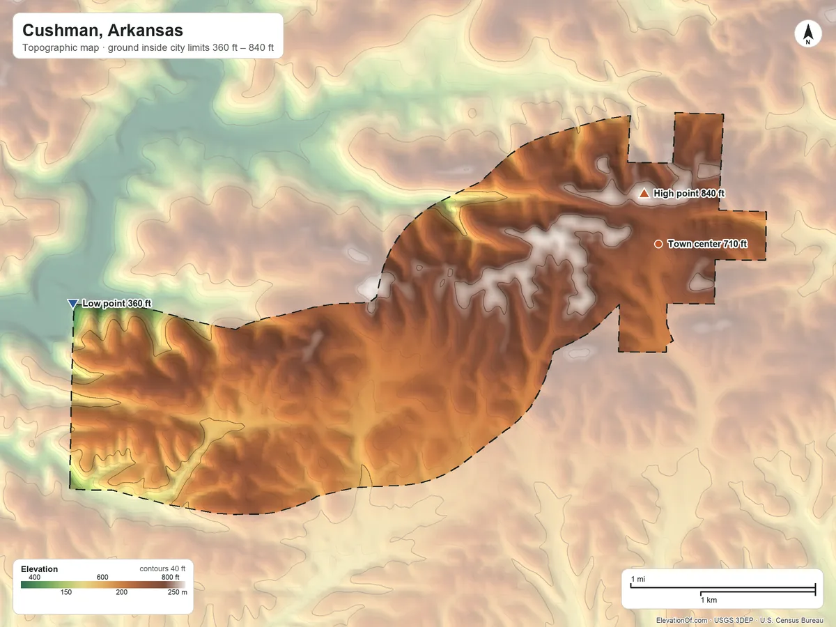 Topographic elevation map of Cushman, Arkansas, shaded from 360 ft on the west side to 840 ft near the middle