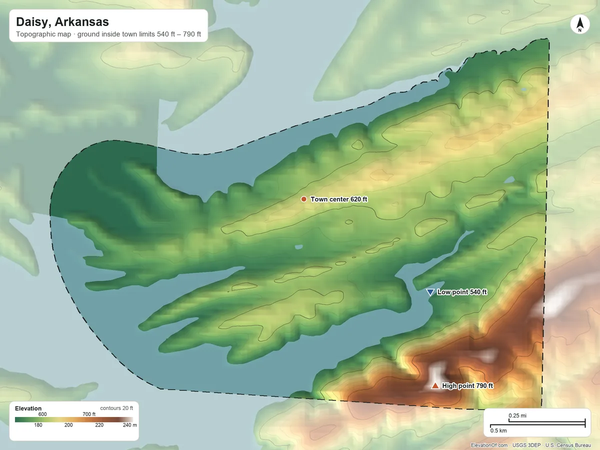 Topographic elevation map of Daisy, Arkansas, shaded from 540 ft on the southeast side to 790 ft on the southeast side