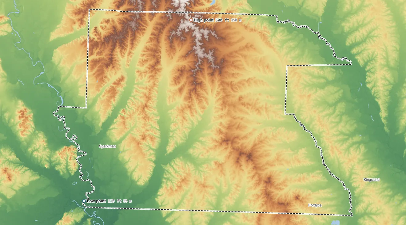 Topographic elevation map of Dallas County, Arkansas, shaded from 110 ft on the southwest side to 500 ft on the north side