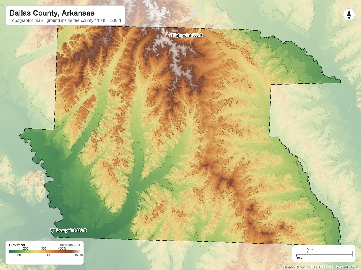 Topographic elevation map of Dallas County, Arkansas, shaded from 110 ft on the southwest side to 500 ft on the north side