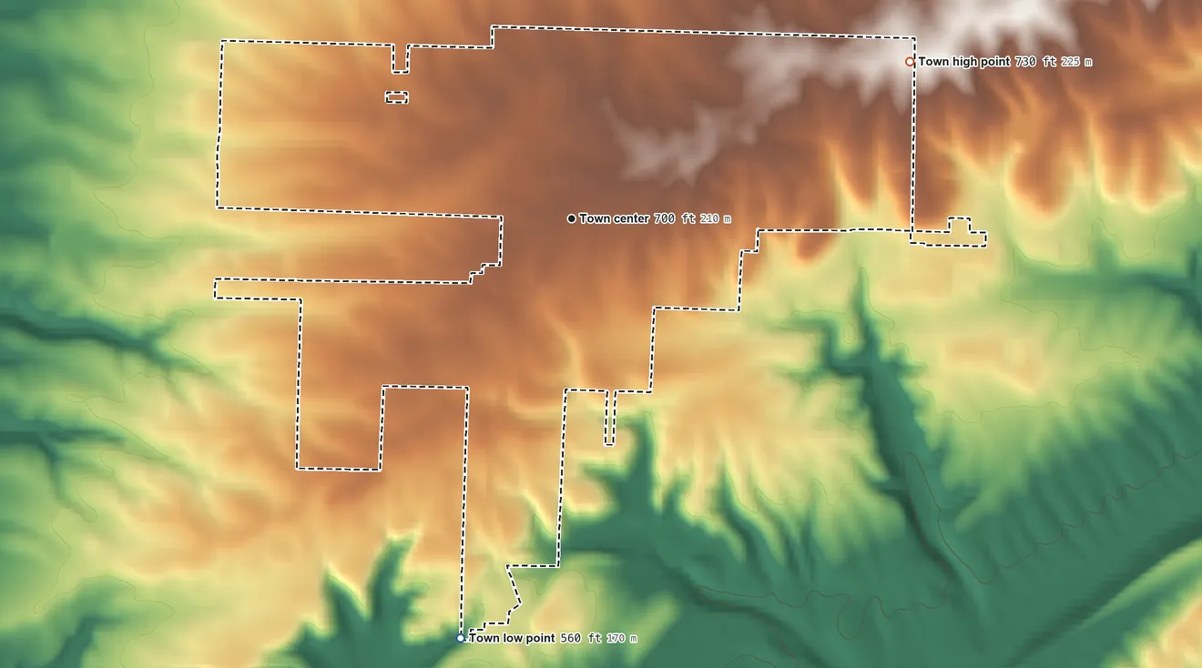Topographic elevation map of Damascus, Arkansas, shaded from 560 ft on the south side to 730 ft on the northeast side